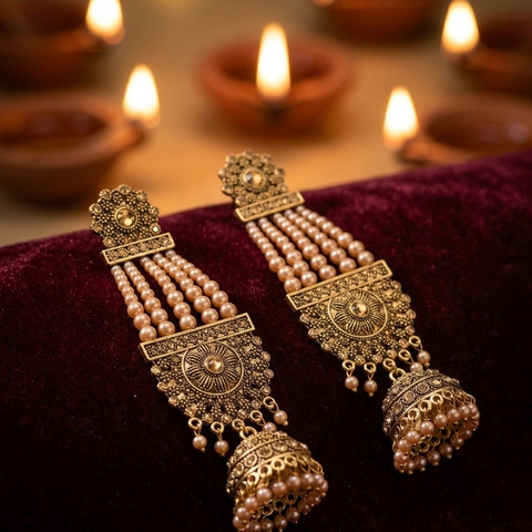 Antique Gold & Pearl Multi-Layer Long Jhumka Earrings