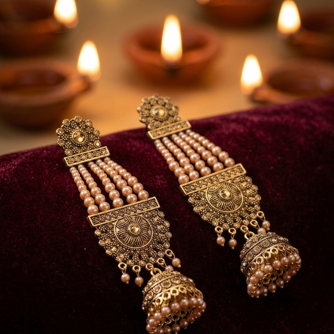 Antique Gold & Pearl Multi-Layer Long Jhumka Earrings