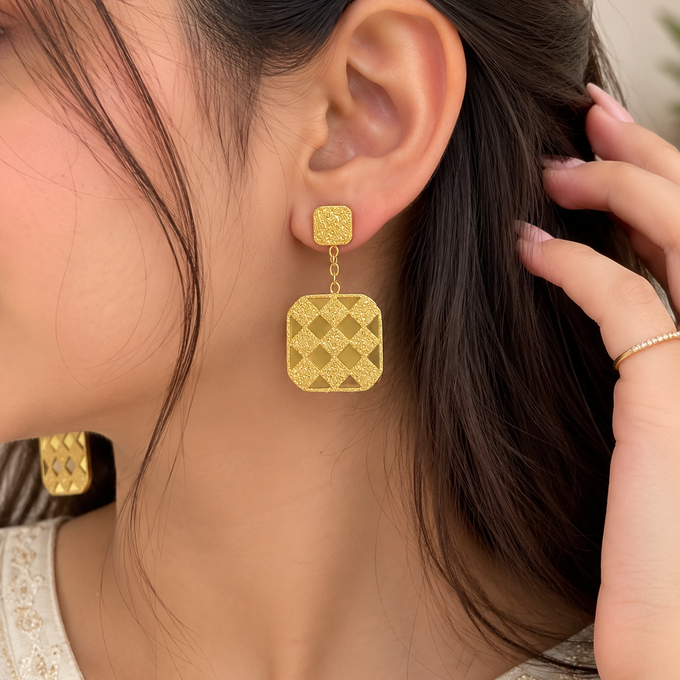 Gold plated Geometric textured Drop earrings