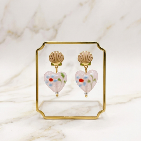 Shell Stud with Painted Pink Heart Dangle Earrings