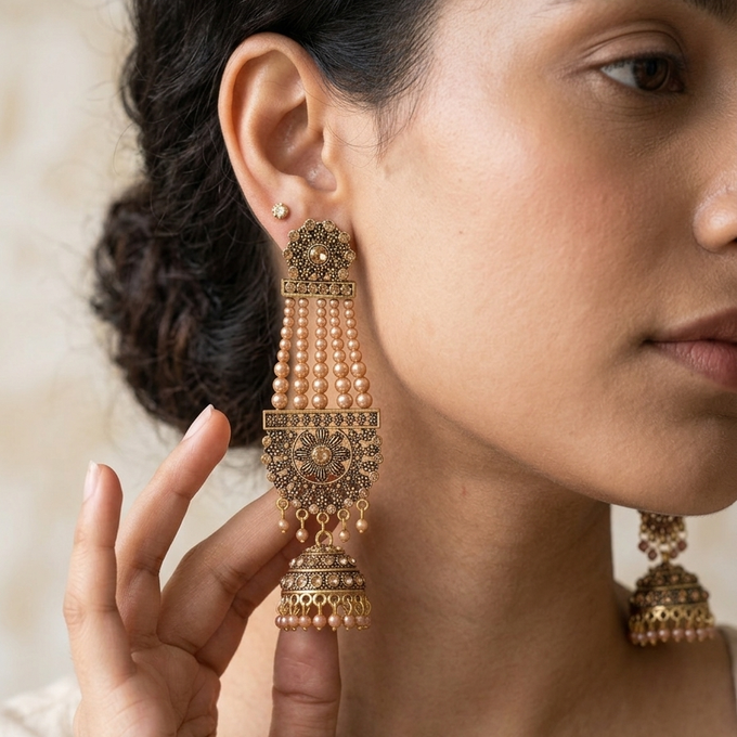 Antique Gold & Pearl Multi-Layer Long Jhumka Earrings