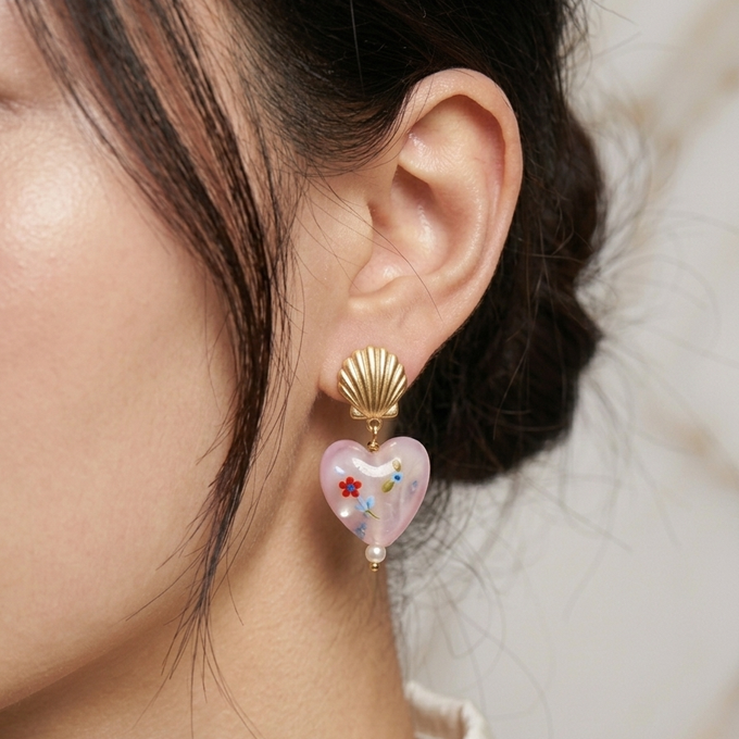 Shell Stud with Painted Pink Heart Dangle Earrings